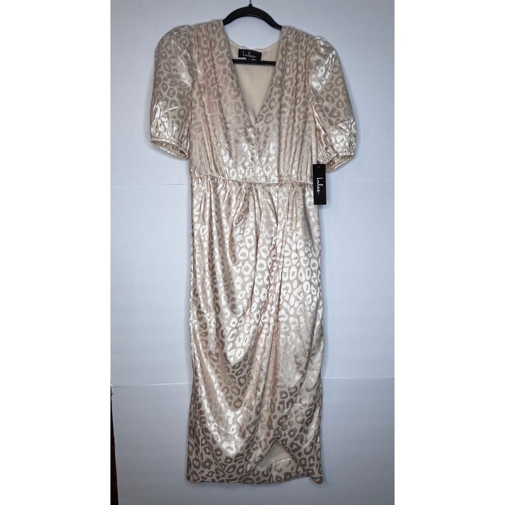 Lulus XS Dress Champagne Leopard‎ Print V-Neck Puff Sleeve Midi Party